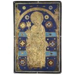 A CHAMPLEVE ENAMEL PANEL OF THE MADONNA AND CHILD, LIMOGES 13TH CENTURY STYLE