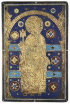 A CHAMPLEVE ENAMEL PANEL OF THE MADONNA AND CHILD, LIMOGES 13TH CENTURY STYLE