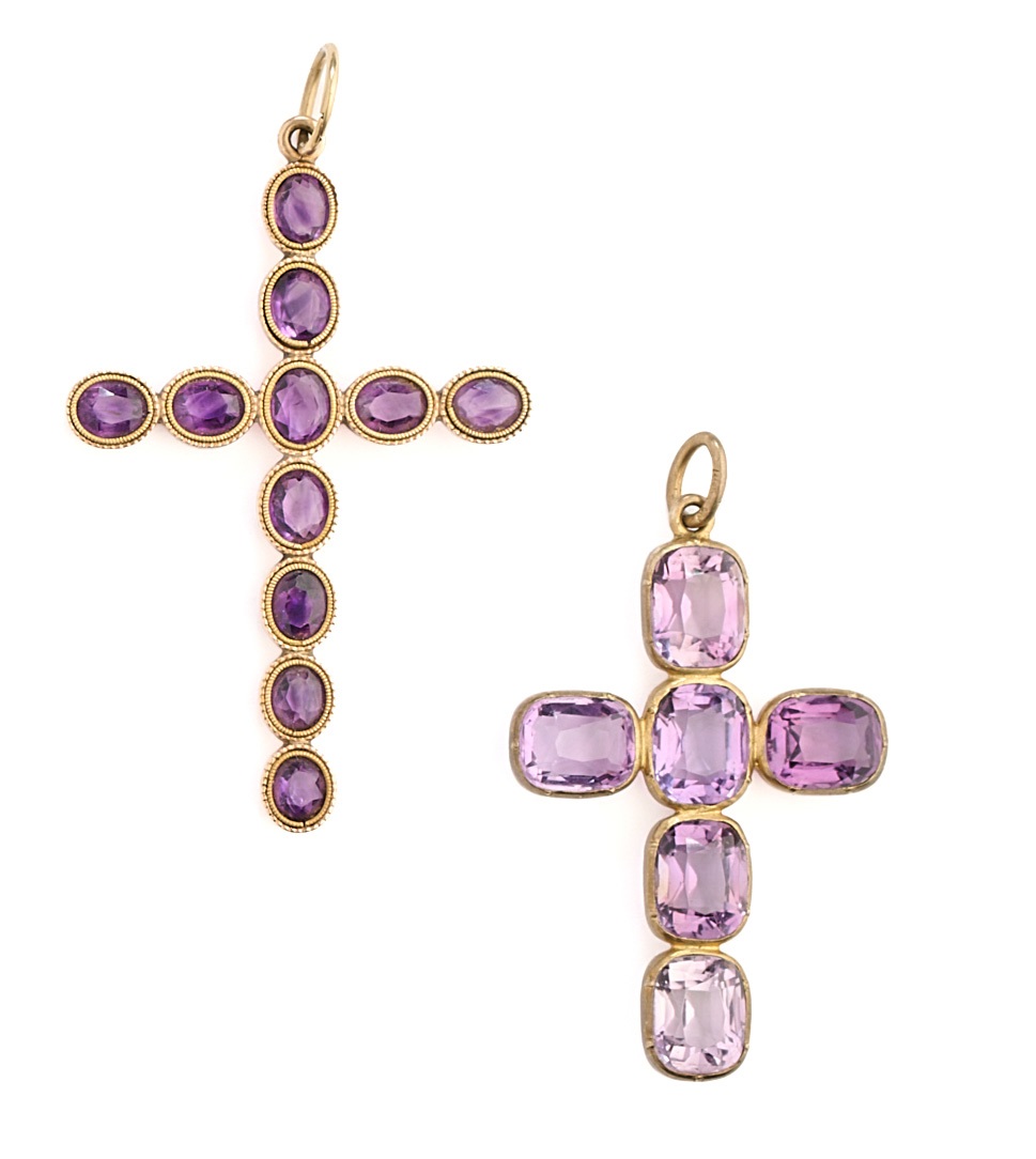 TWO AMETHYST PENDENT CROSSES, 1880s