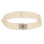 RUBY, DIAMOND AND CULTURED PEARL CHOKER