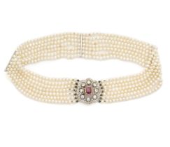 RUBY, DIAMOND AND CULTURED PEARL CHOKER