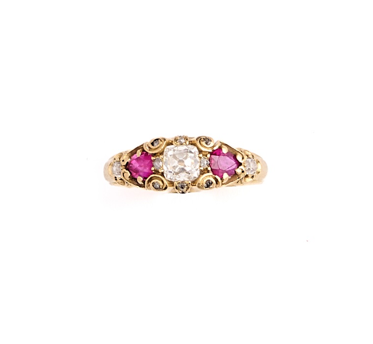 VICTORIAN DIAMOND AND RUBY HALF HOOP RING, 1890s AND TWO DRESS RINGS