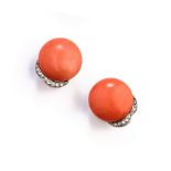 ˜ PAIR OF CORAL AND DIAMOND EAR CLIPS