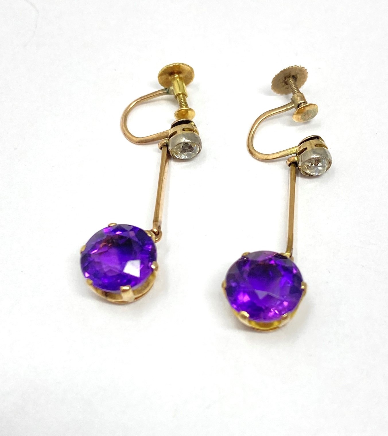 TWO PAIRS OF GOLD, AMETHYST AND DIAMOND PENDENT EARRINGS, 1900s - Image 2 of 2