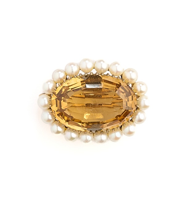 GOLD, CITRINE AND CULTURED PEARL BROOCH, 1967