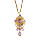 GOLD, ENAMEL AND AMETHYST PENDANT AND CHAIN, 1870s