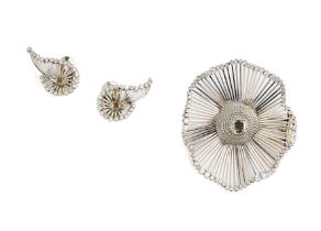 PIERRE STERLE: PAIR OF DIAMOND EAR CLIPS AND A DIAMOND BROOCH, 1950s