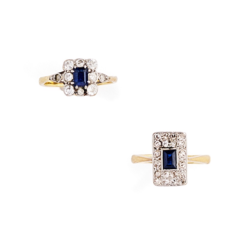 TWO SAPPHIRE AND DIAMOND RINGS, 1920s