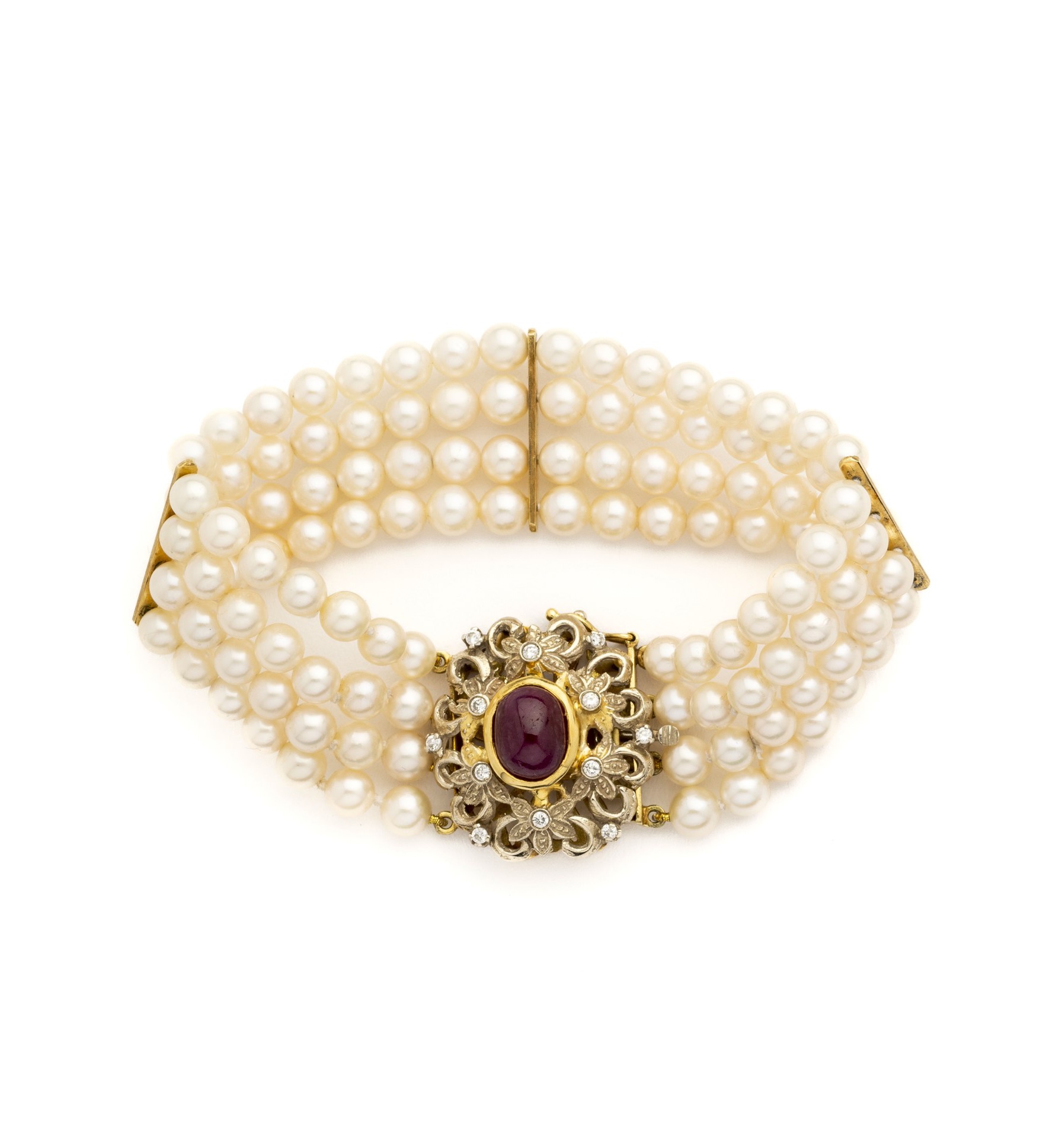 CULTURED PEARL, RUBY AND DIAMOND BRACELET