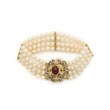 CULTURED PEARL, RUBY AND DIAMOND BRACELET