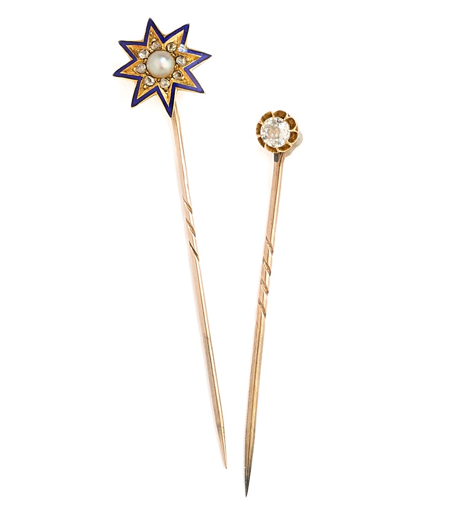 TWO GEM-SET AND DIAMOND STICK PINS, 1890s