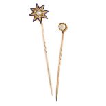 TWO GEM-SET AND DIAMOND STICK PINS, 1890s