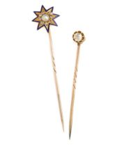 TWO GEM-SET AND DIAMOND STICK PINS, 1890s