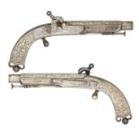 A PAIR OF 60 BORE HIGHLAND WHITE METAL MOUNTED DRESS BELT PISTOLS SIGNED CAMPBELL,