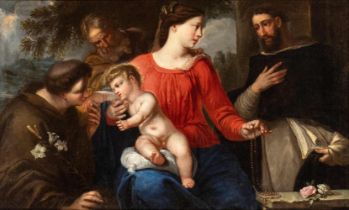 Artista veneto, XVII secolo Holy Family with Saint Anthony Abbot and Saint Dominic Oil on canvas