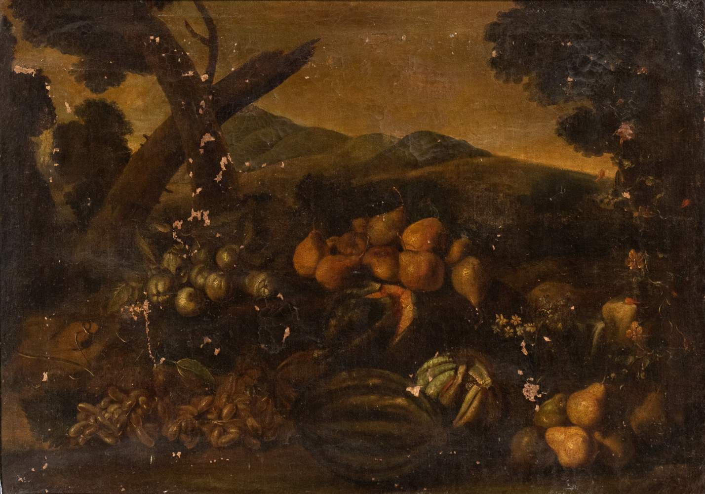 Scuola romana, XVII secolo Still life of fruit in a landscape Oil on canvas Canvas cm. 98x136.