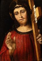 Artista lombardo, XVI secolo Christ Carrying the Cross Oil on panel Panel cm. 28,5x20,5. Framed