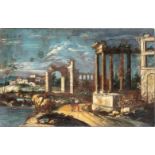 Artista veneto, XVIII - XIX secolo Capriccio with classical ruins, river and figures Oil on canvas