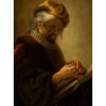 Rembrandt van Rijn (seguace di) Prophet with book and turban Oil on panel Panel cm. 29x22. Framed