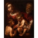 Artista genovese, XVII-XVIII secolo Holy Family with Saint John Olio su tela Canvas cm. 80x64. framd