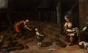 Scuola romana, XVII secolo Holy Family in the workshop of Saint Joseph Oil on panel Panel cm. 45x72.
