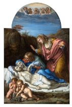 Artista attivo a Roma, XVII secolo Lamentation over the Dead Christ Oil on shaped canvas canvas