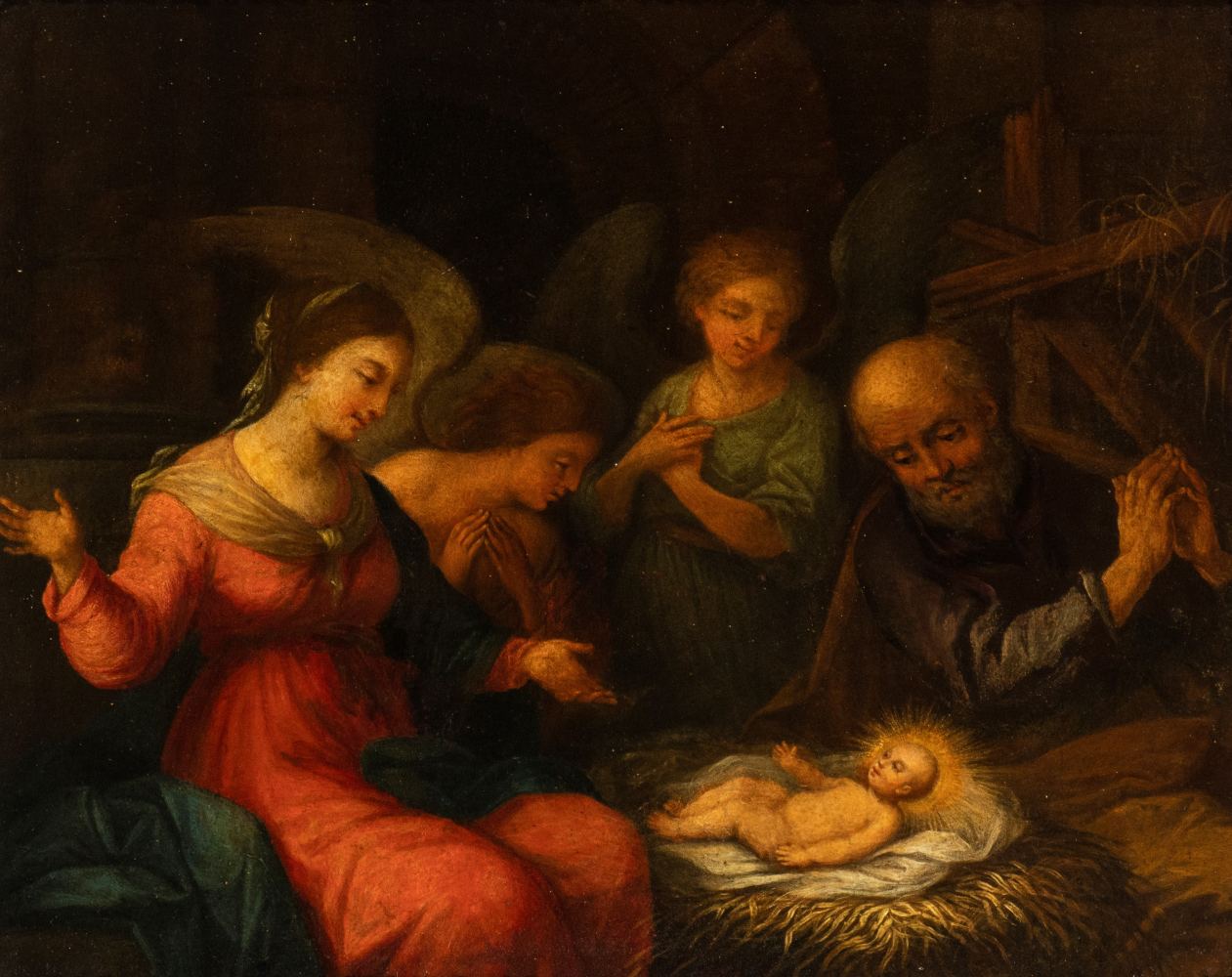 Artista genovese, XVII secolo Nativity with Angels Oil on panel Panel cm. 35x42,5. Framed