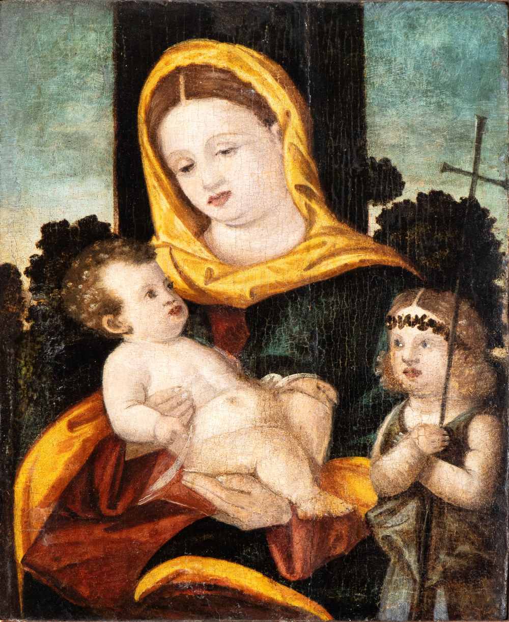 Artista veneto, prima metà XVI secolo Virgin with Child and Saint John the Baptist Oil on panel