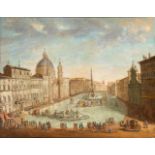 Artista attivo a Roma, XVIII secolo View of flooded Piazza Navona with carriage ride Oil on canvas