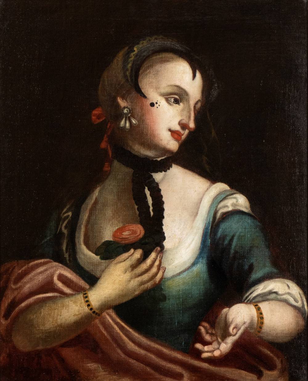 Artista veneto, fine XVIII - inizio XIX secolo Portrait of a lady holding a rose Oil on canvas