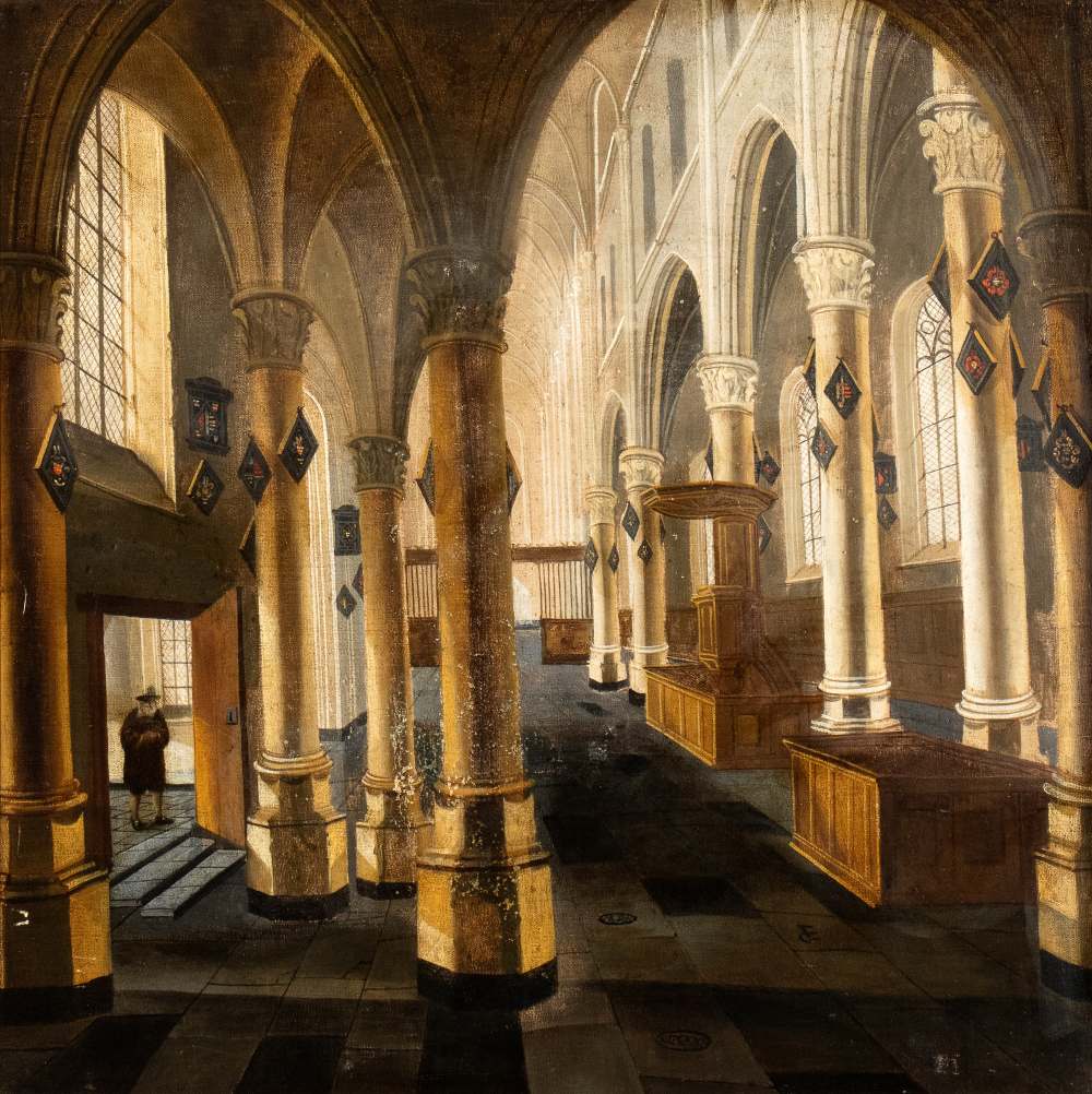 Artista olandese, XVIII secolo Dutch church interior Oil on canvas canvas cm. 82x82. Framed