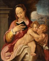 Artista anonimo, XVIII - XIX secolo Madonna and Child with Saint John Oil on canvas Canvas cm.