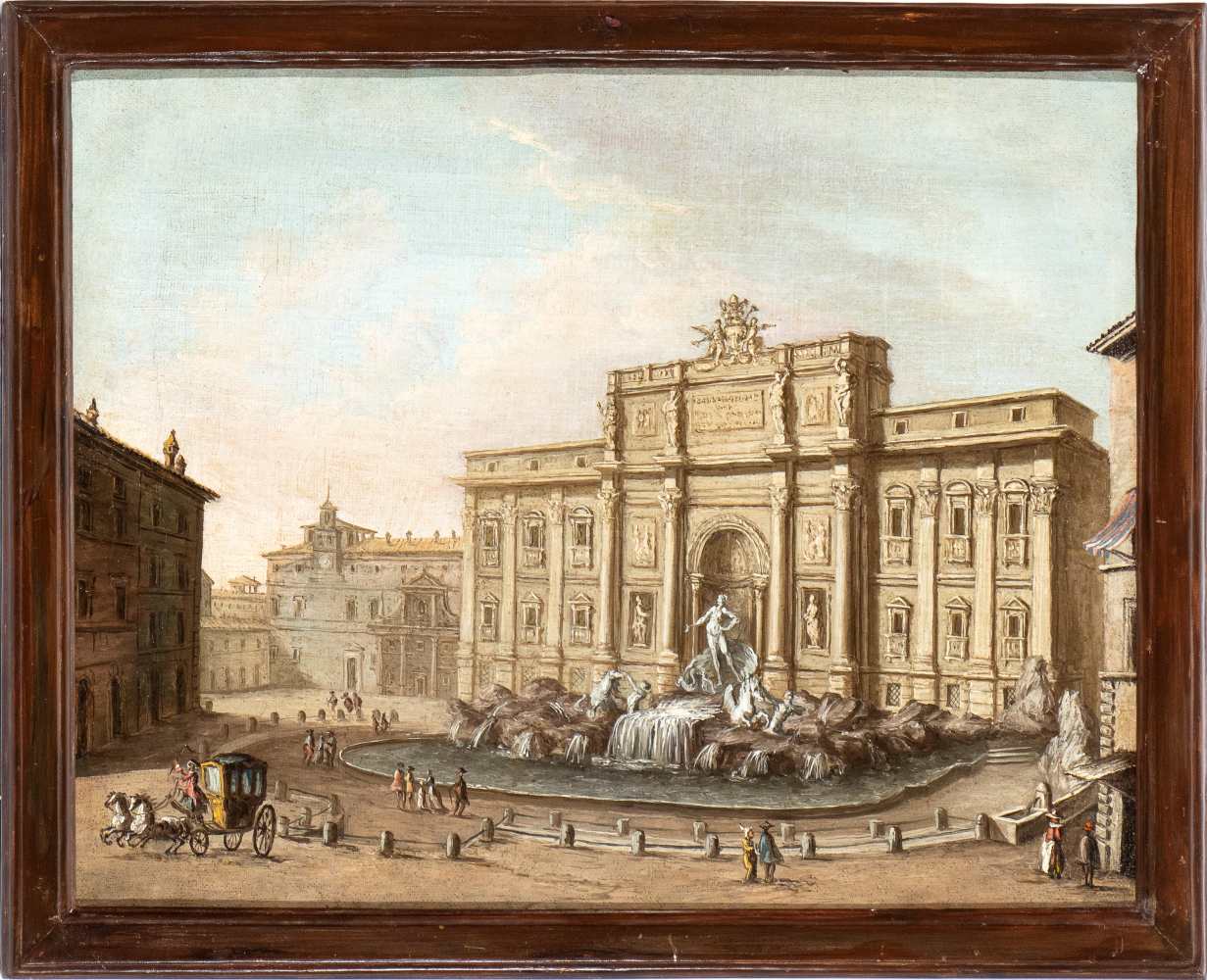 Artista attivo a Roma, XVIII secolo View of the Trevi Fountain Oil on canvas Canvas cm. 50x63. - Image 2 of 3