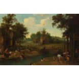 Artista olandese, XVIII secolo Landscape with stream, village and figures Oil on panel Panel cm.