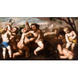 Artista napoletano, XVII secolo Bacchanal of putti in a landscape Oil on canvas Canvas cm. 89x154.