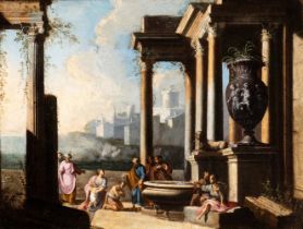 Alberto Carlieri (attribuito a) Architectural capriccio with baptism scene Oil on canvas Canvas