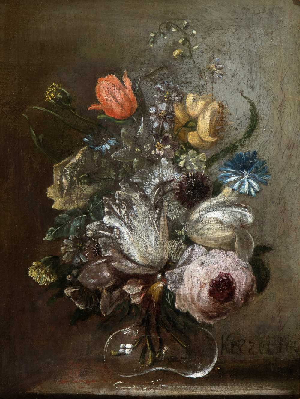 Peter van Kessel (attribuito a) Flower bouquet in a crystal vase Oil on canvas Canvas cm. 48x36,5.