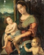 Francesco Brina (attribuito a) Madonna and Child with Saint John Oil on panel Panel cm. 90x73.