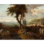 Artista veneto, XVIII secolo Landscape with wayfarers, monks and washerwomen pausing near a