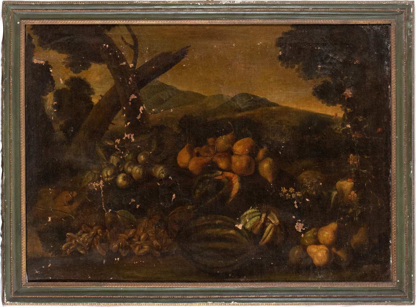 Scuola romana, XVII secolo Still life of fruit in a landscape Oil on canvas Canvas cm. 98x136. - Image 2 of 3