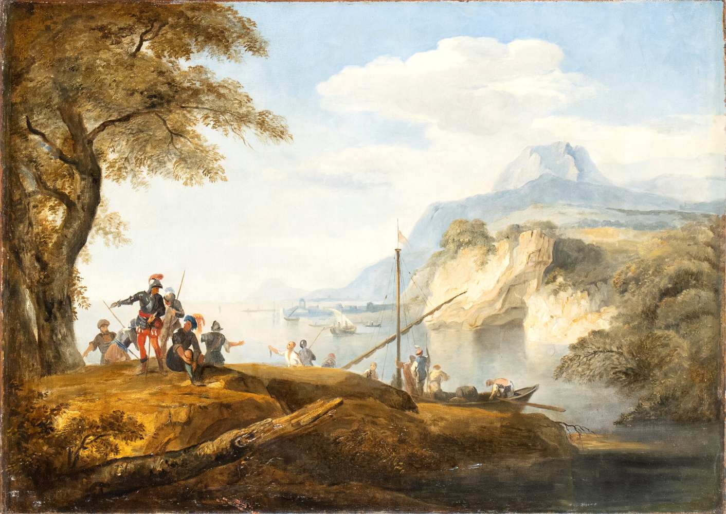 Artista attivo a Napoli, XVIII secolo Coastal landscape with soldiers, fishermen and boats Oil on