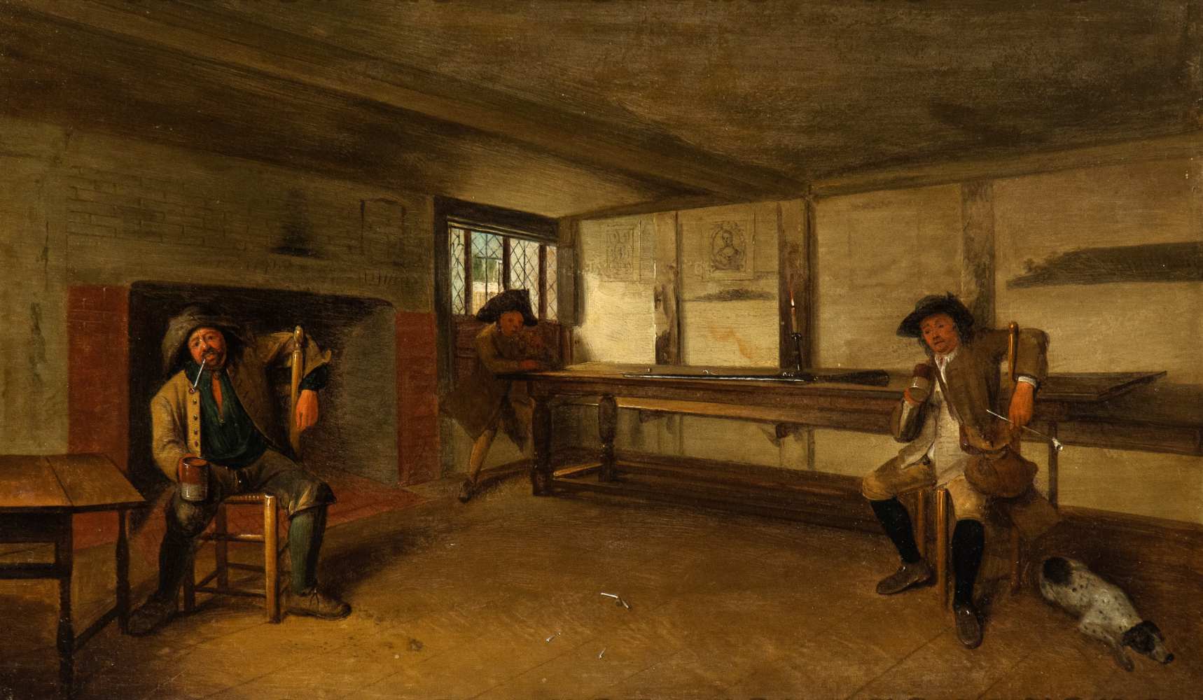 Artista olandese, XIX secolo Interior of tavern with resting hunters Oil on panel Panel cm. 22,