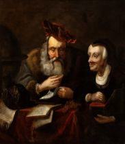 Artista olandese, XVII - XVIII secolo The moneylender and his wife Oil on canvas Canvas cm. 93x81,5.