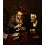 Artista olandese, XVII - XVIII secolo The moneylender and his wife Oil on canvas Canvas cm. 93x81,5.