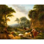 Artista francese, XVIII secolo Landscape with shepherds and flocks at rest Oil on panel Panel cm.