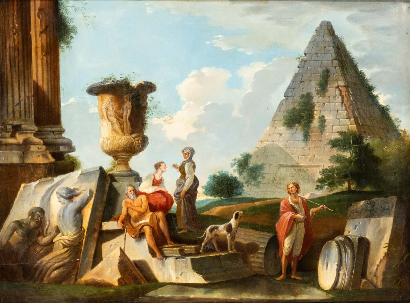 Giovanni Paolo Panini (seguace di) Architectural Capriccio with figures and the Cestia pyramid Oil