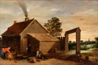 David Teniers Il Giovane (ambito di) Landscape with house and farmer cleaning oyster Oil on panel