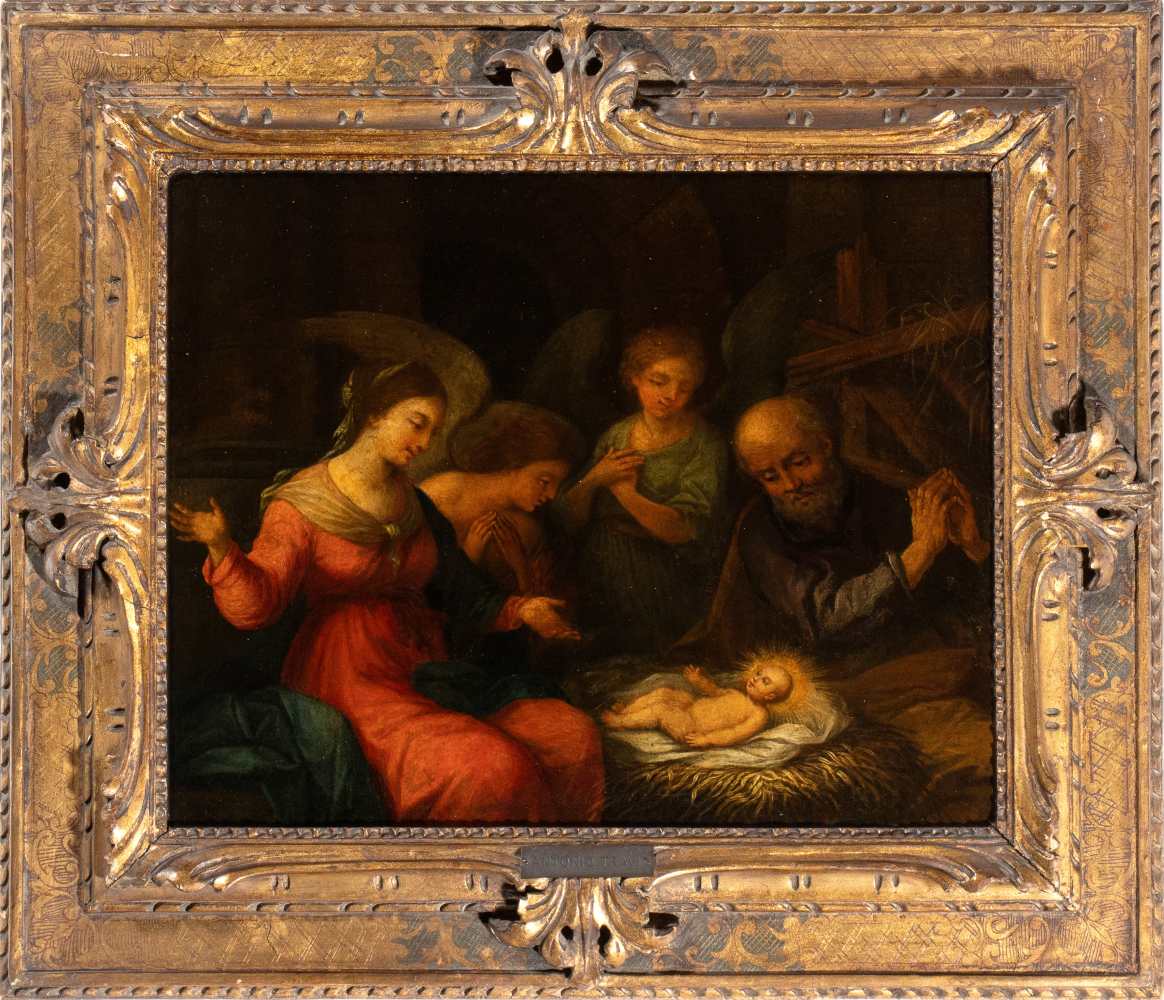 Artista genovese, XVII secolo Nativity with Angels Oil on panel Panel cm. 35x42,5. Framed - Image 2 of 3