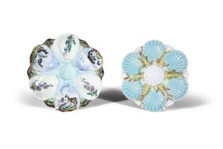 TWO GEORGE JONES MAJOLICA OYSTER DISHES, C.1880, Of scalloped shape, with raised centre well and