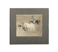 A REPRODUCTION PRINT OF A YUAN DYNASTY PAINTING ON SILK 35.5 x 41.5cm Tribute to Horses